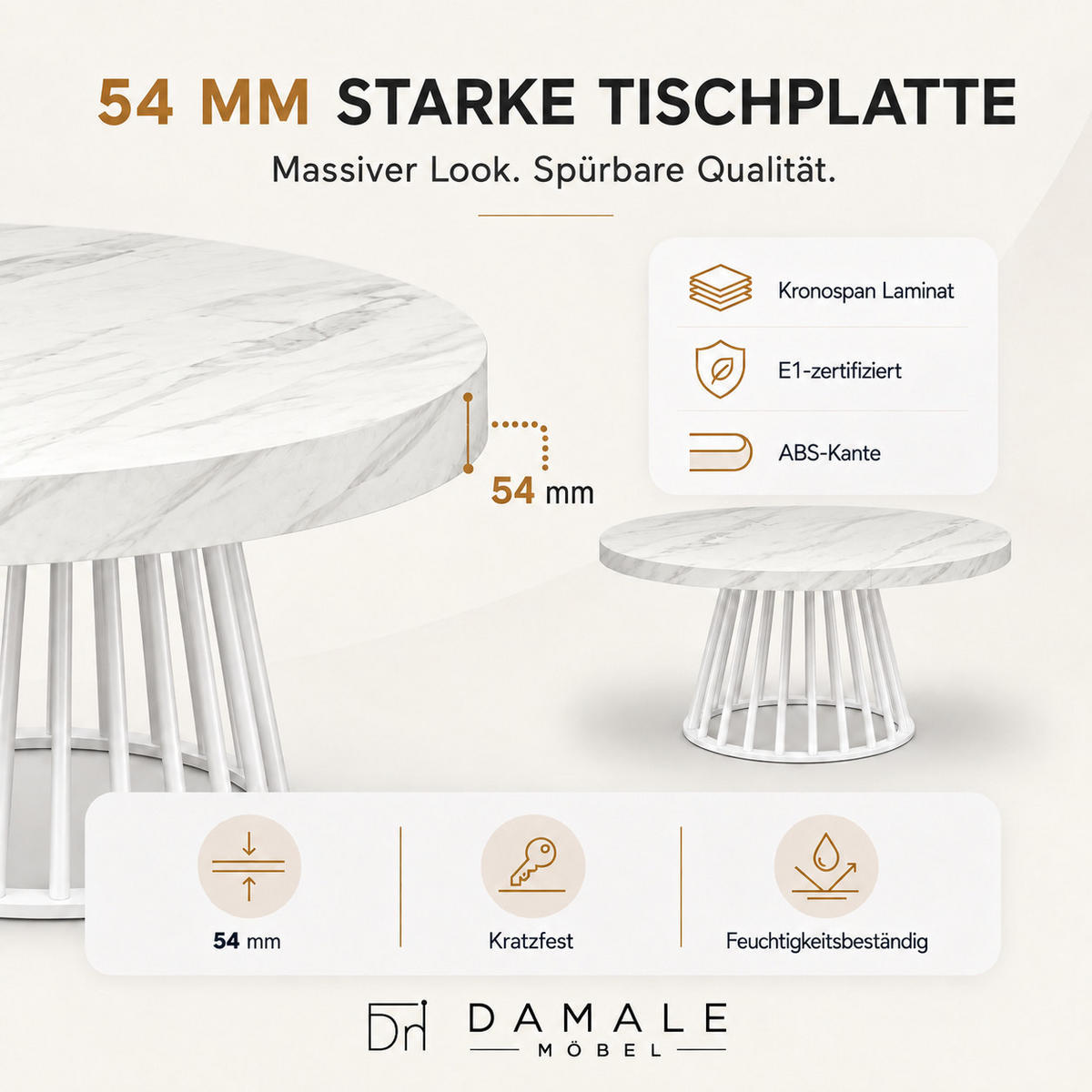 ESSTISCH rund ausziehbar 90/190/76 cm, Marmor, 54 cm Tischplatte + Lamellen-Metallgestell Weiß - Hellgrau/Weiß, Holzwerkstoff/Metall (90/190/76cm) - Damale Möbel