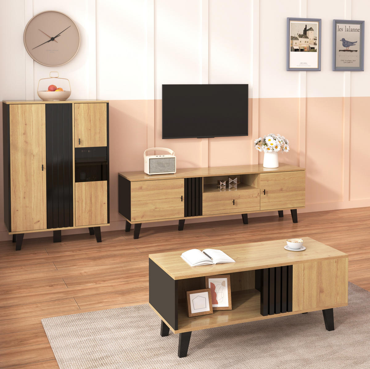 SIDEBOARD 80/120/40 cm in Holzfarben/Schwarz mit Glastüren und LED-Beleuchtung - Naturfarben, Holzwerkstoff (80/40/120cm) - Flora Grace