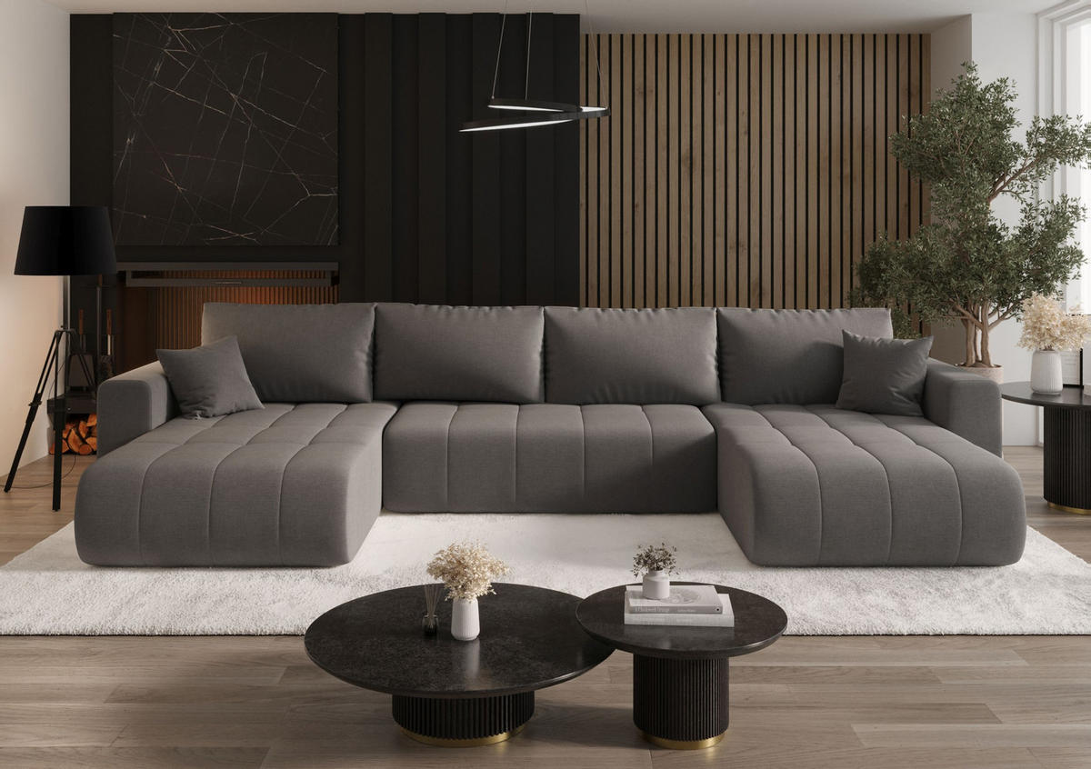 SEDACÍ souprava LARA tvar U šedá pletená tkanina Wind 90 - funkce spaní, úložný prostor - šedá, textil (385/85/175cm) - Cornero