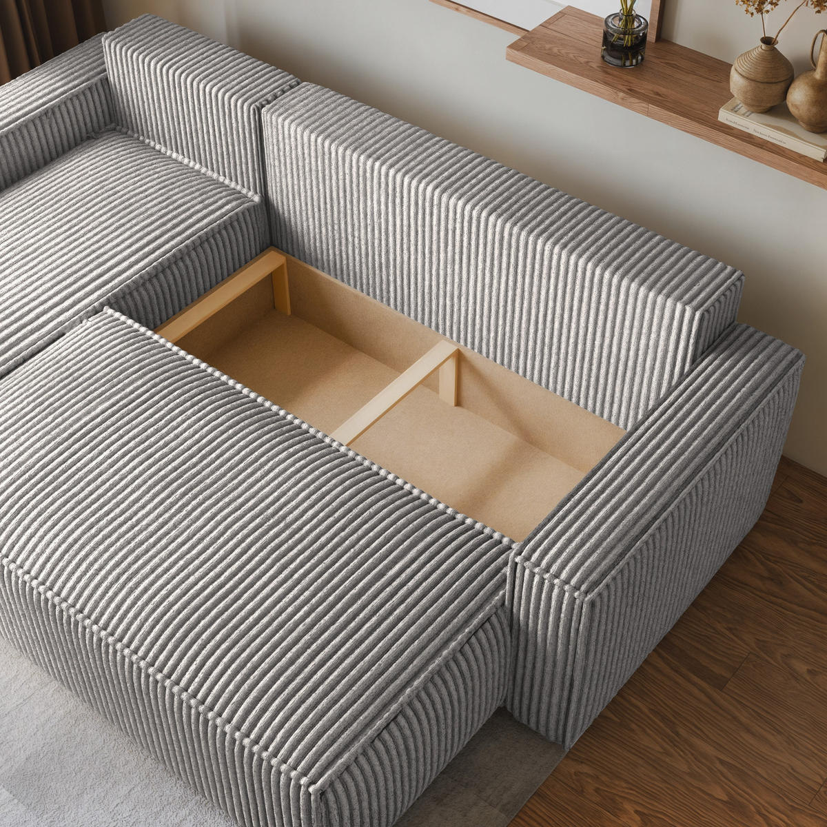 ECKSOFA RAVELO T Hellgrau Kordstoff mit Schlaffunktion - Hellgrau, Holz (240/140cm) - MASSENO