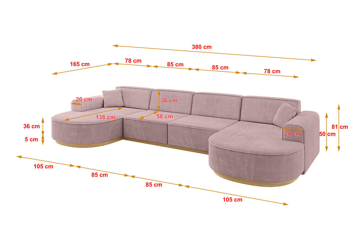 WOHNLANDSCHAFT MARI-U2-v2 - 388x171x83 cm Rosa Cord - Rosa, Holzwerkstoff/Textil (388/83/171cm) - ALTDECOR