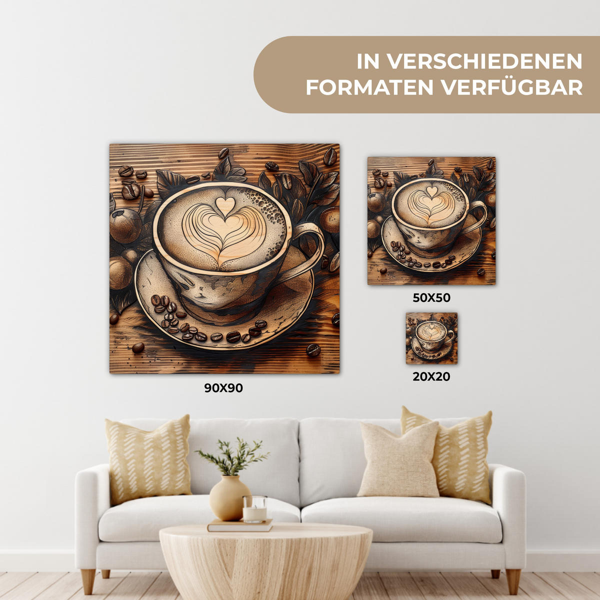 LEINWANDBILD Kaffee - Vintage - Braun - Tasse - Holz 20x20 cm - Braun, Textil (20/20cm) - MuchoWow