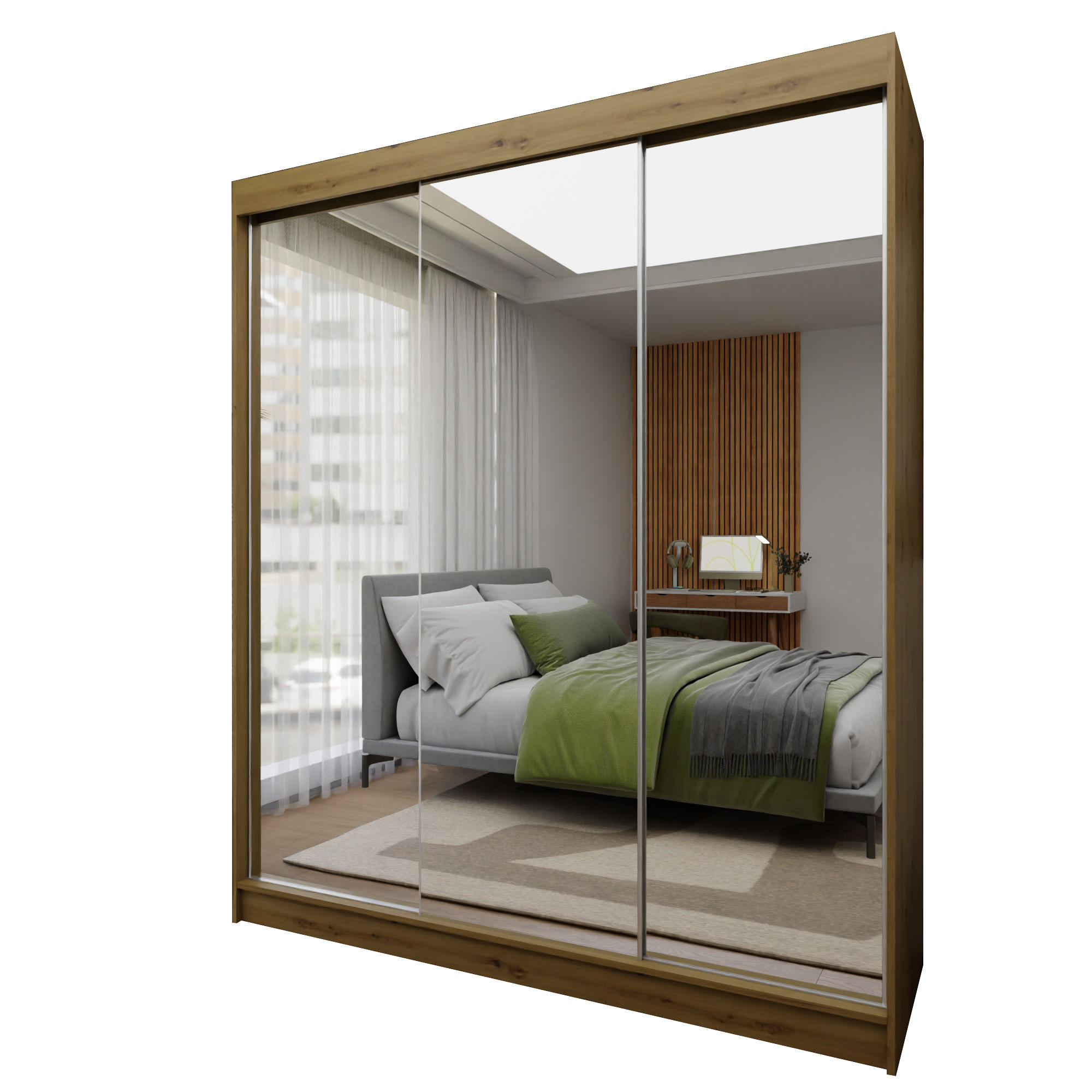 SCHWEBETÜRENSCHRANK BELLINA 180/216/61 cm 3-türig mit Spiegel Eiche Artisan - Eiche Artisan, Holzwerkstoff (180/216/61cm) - MASSENO