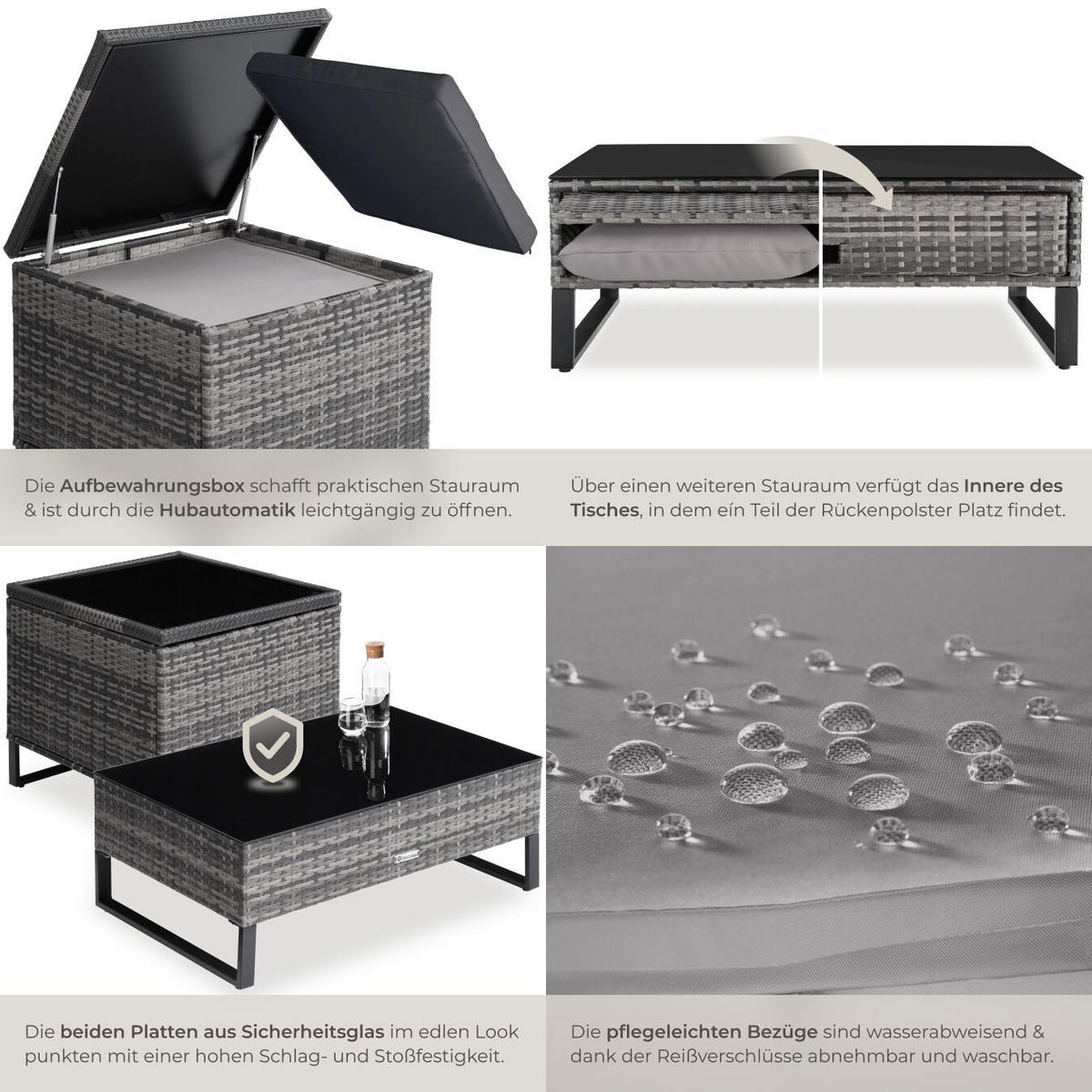 RATTANLOUNGE Ostuni, mit Sicherheitsglasplatte, grau - Grau, Kunststoff - tectake