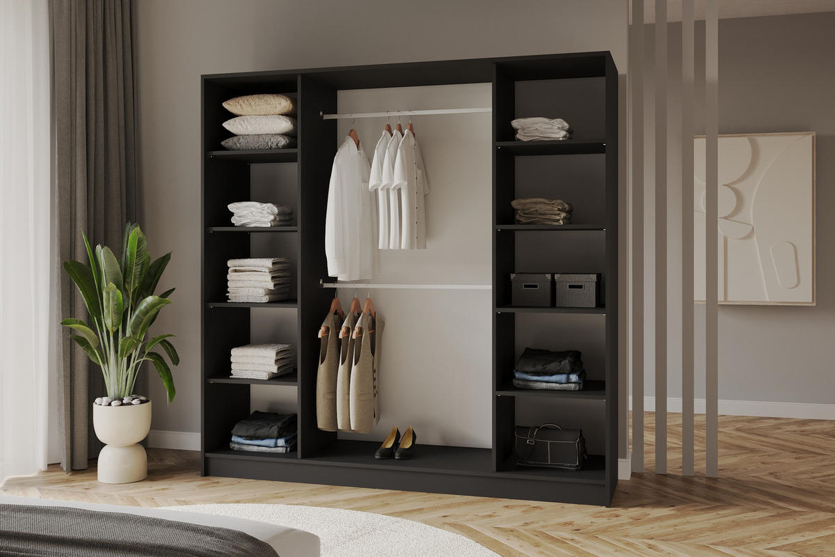 KLEIDERSCHRANK - LUSSO - 200 - Schwarz - Schwarz Hochglanz/Schwarz, Holzwerkstoff (200/200/51cm) - ALTDECOR