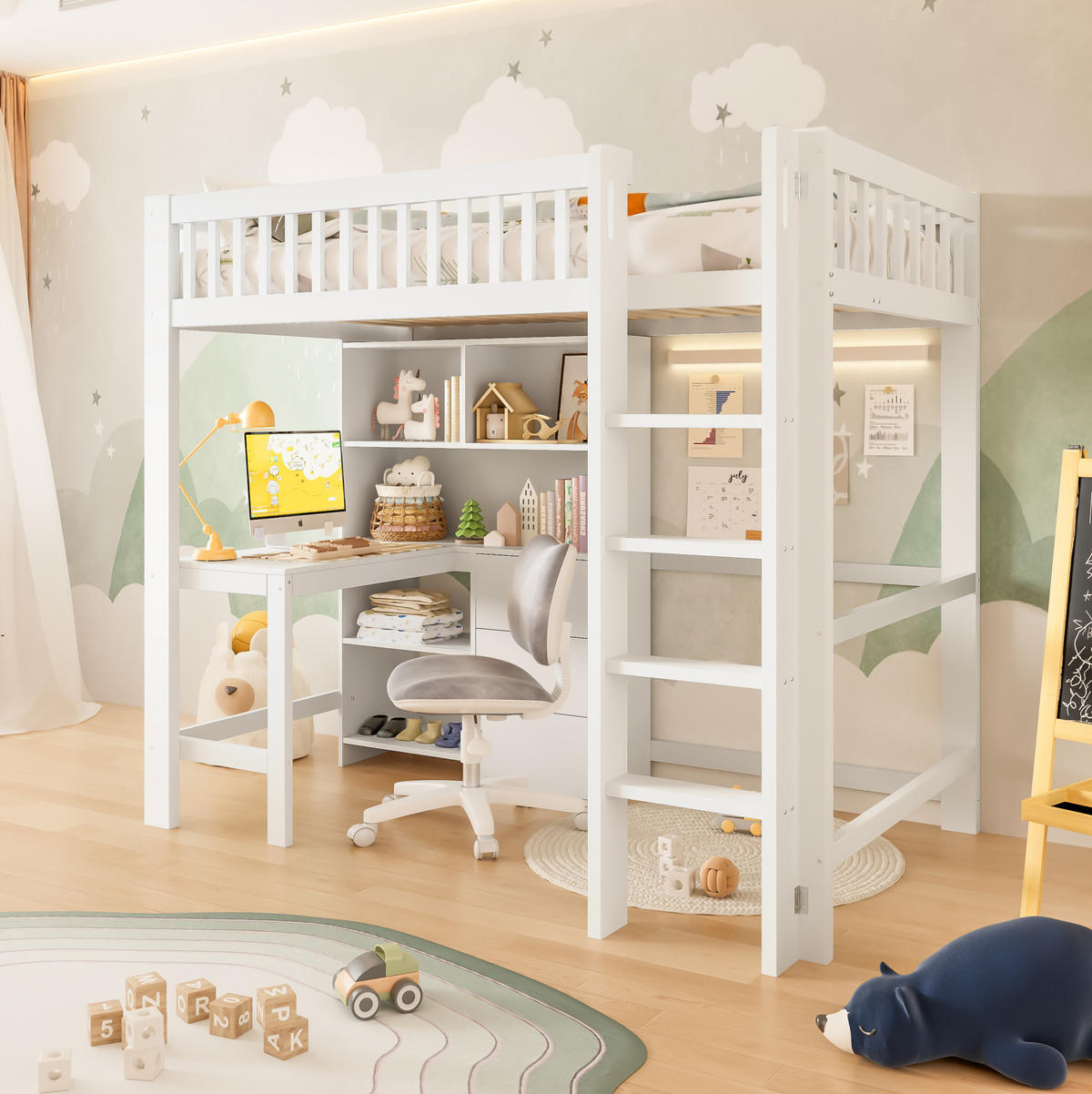 HOCHBETT 90/200 cm Weiß aus Kiefernholz und MDF mit Schreibtisch - Weiß, Holz (90/200cm) - OKMYHOME
