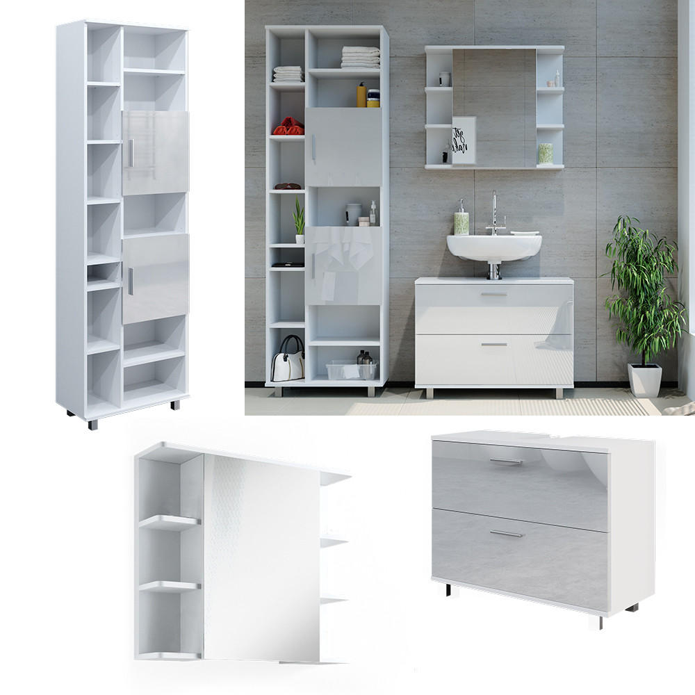 BADMÖBEL-SET Ilias Weiß Hochglanz 3 Teile, mit Hochschrank - Weiß Hochglanz, Holzwerkstoff (80.2/60.8/33cm) - Vicco