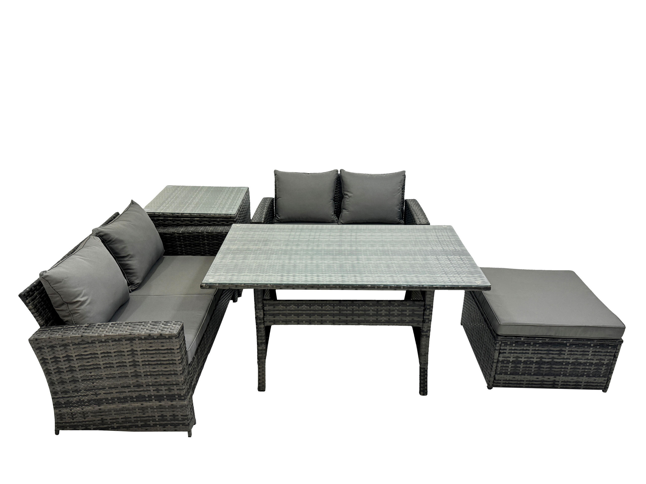 GARTENMÖBELSET mit 2-Sitzer Sofa,Esstisch,Beistelltisch Polyrattan Dunkelgrau 5-Sitzer - Dunkelgrau/Grau, Glas/Kunststoff - Fimous