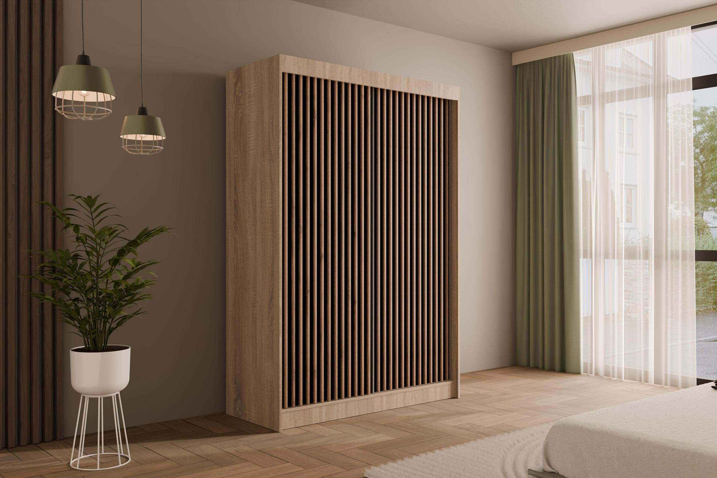 KLEIDERSCHRANK mit Lamel-Schiebetüren VILANv2 - 150 cm Sonoma Eiche + Lamelle Eiche Wotan - Eiche Wotan/Sonoma Eiche, Holzwerkstoff (150/215/61cm) - ALTDECOR
