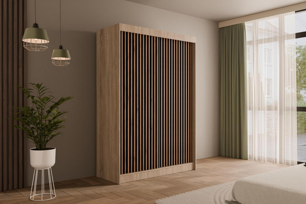 KLEIDERSCHRANK mit Lamel-Schiebetüren VILANv2 - 120 cm Sonoma Eiche + Lamelle Eiche Wotan - Eiche Wotan/Sonoma Eiche, Holzwerkstoff (120/215/61cm) - ALTDECOR