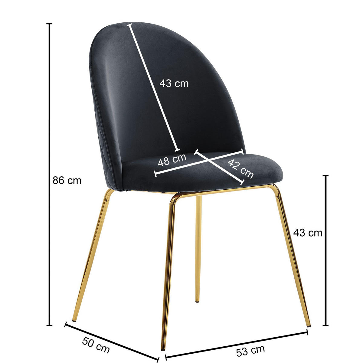 ESSZIMMERSTUHL 2er Set Samtbezug mit Metallgestell Schalenform Skandinavisch gepolstert, Schwarz 53x50x87 cm - Goldfarben/Schwarz, Textil/Metall (53/87/50cm) - KADIMA DESIGN