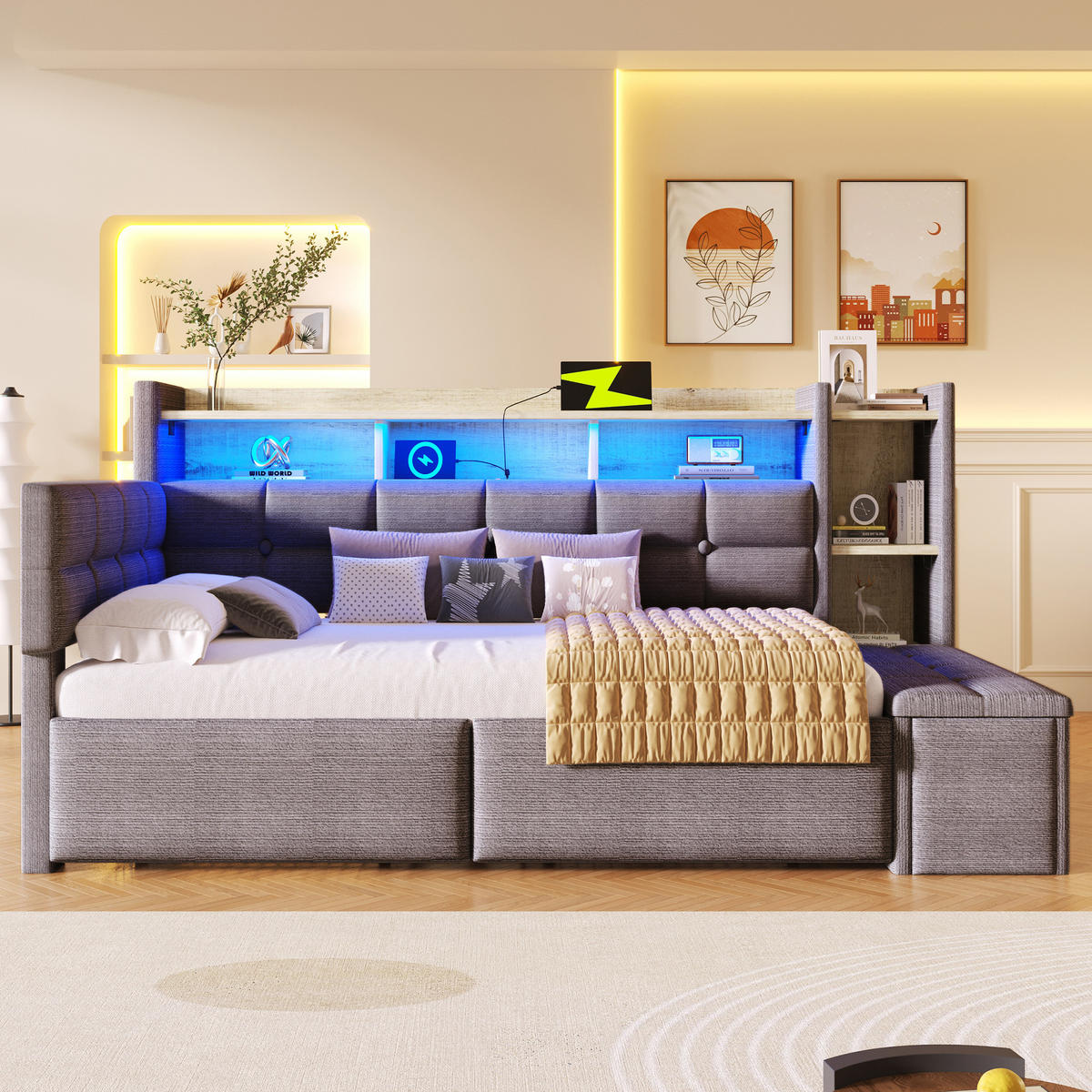 TAGEBETT 90x190cm Dunkelgrau Samt 2 Schubladen USB LED-Licht - Dunkelgrau, Holz (90/190cm) - FLIEKS