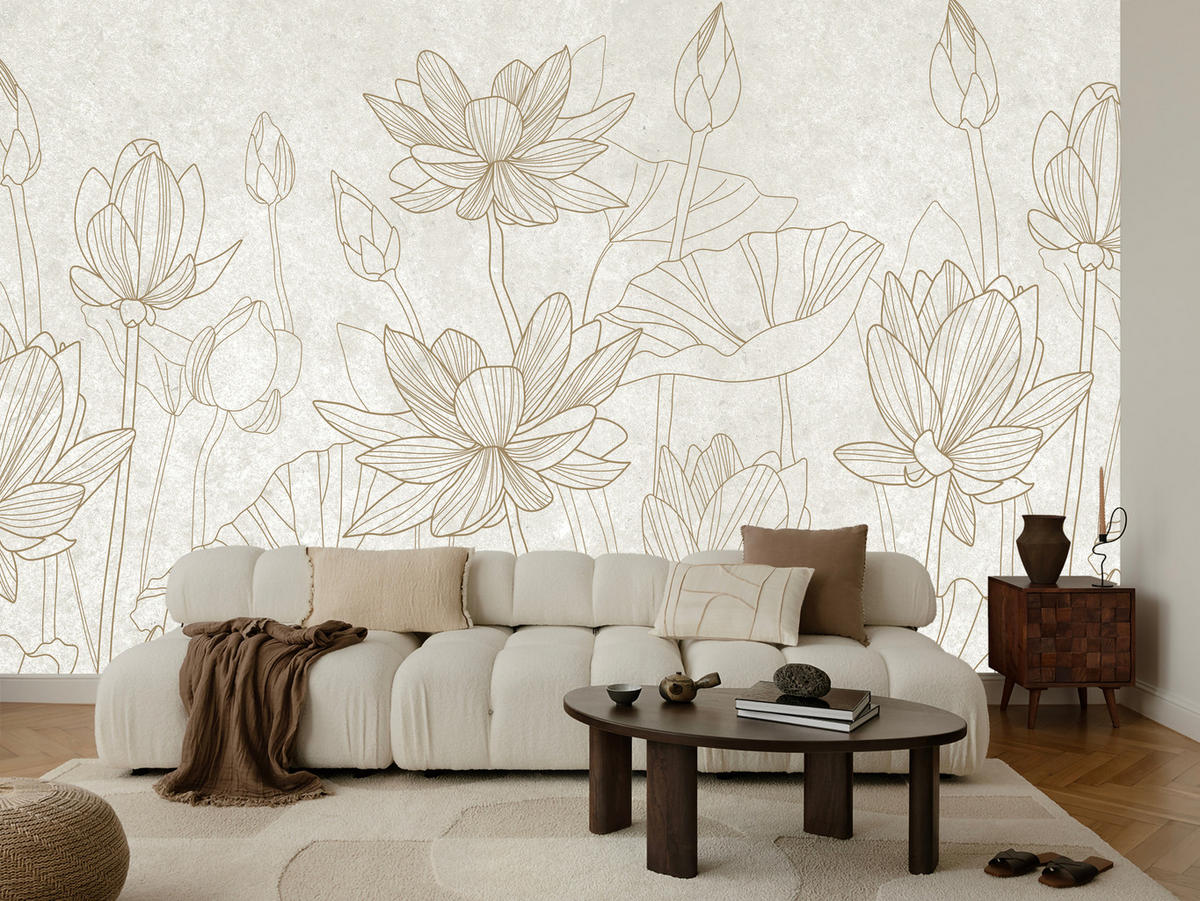 FOTOTAPETE für Wohnzimmer Linienzeichnung Blumen Pflanzen Natur 100x70 - Beige, Papier (100/70cm) - Muralo