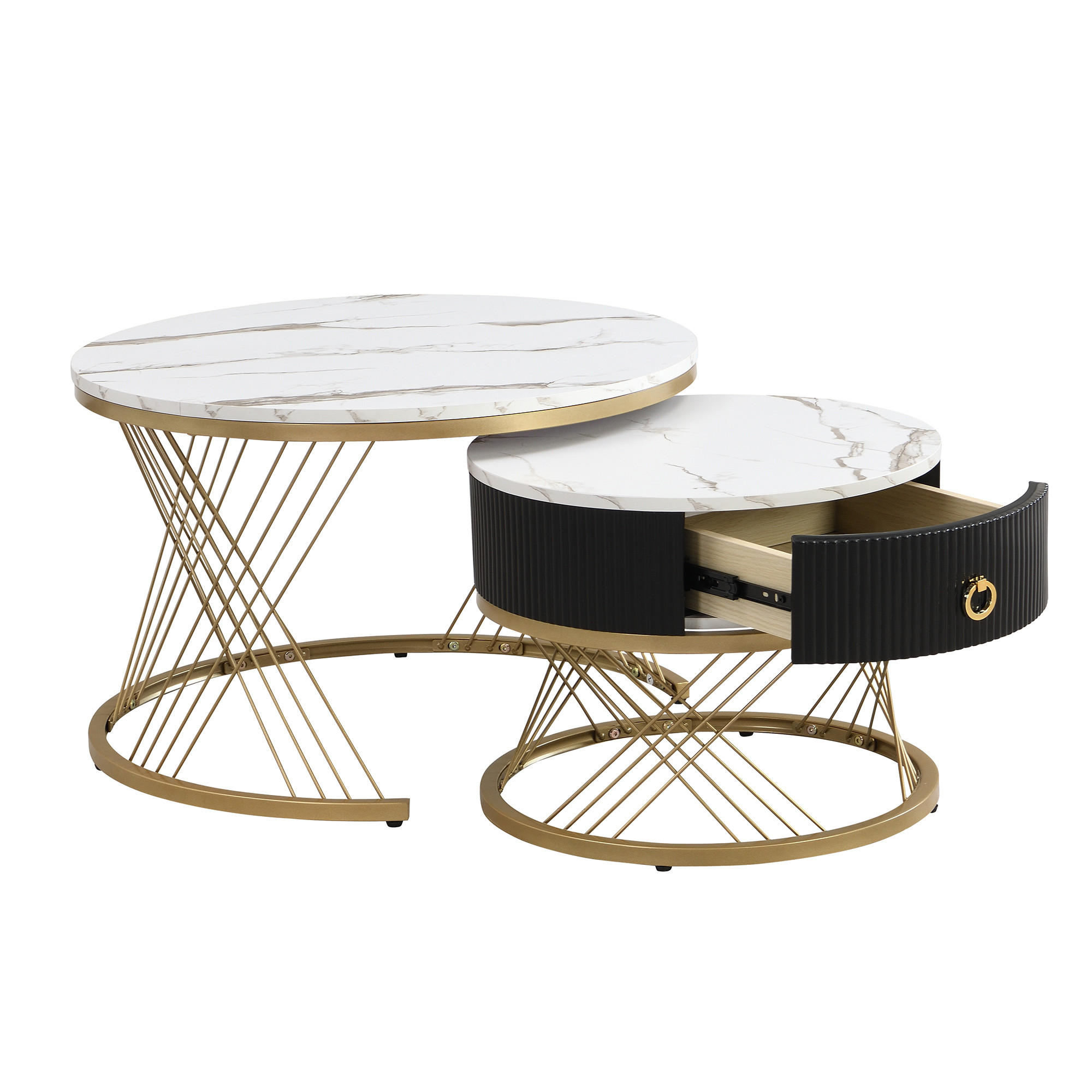 COUCHTISCH, MDF in Marmor-Optik mit Goldakzenten, modulare 2er-Komposition, 70/70/45 + 50/50/40 cm, Weiß und Gold - Weiß, Holzwerkstoff (70/70/45cm) - Redom