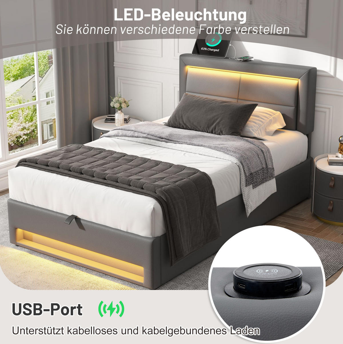 POLSTERBETT 90/200 cm Grau mit Stauraum, USB-Ladefunktion und LED-Beleuchtung - Grau, Kunststoff (90/200cm) - Flora Grace