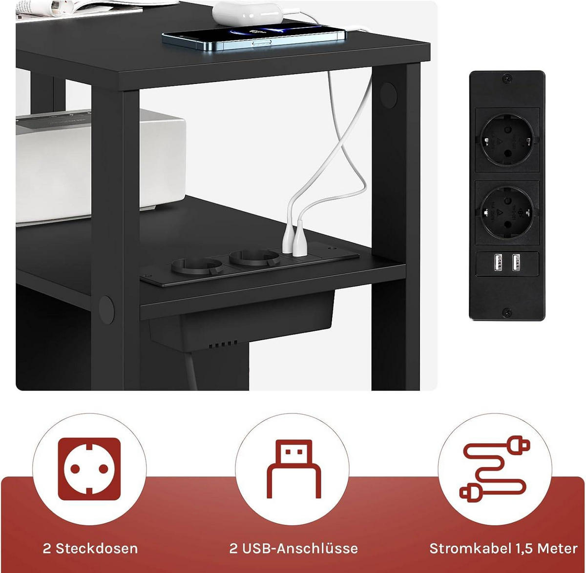 BEISTELLTISCH mit Steckdose, 60x60x30 cm - Schwarz, Holzwerkstoff (30/60/60cm) - Woltu