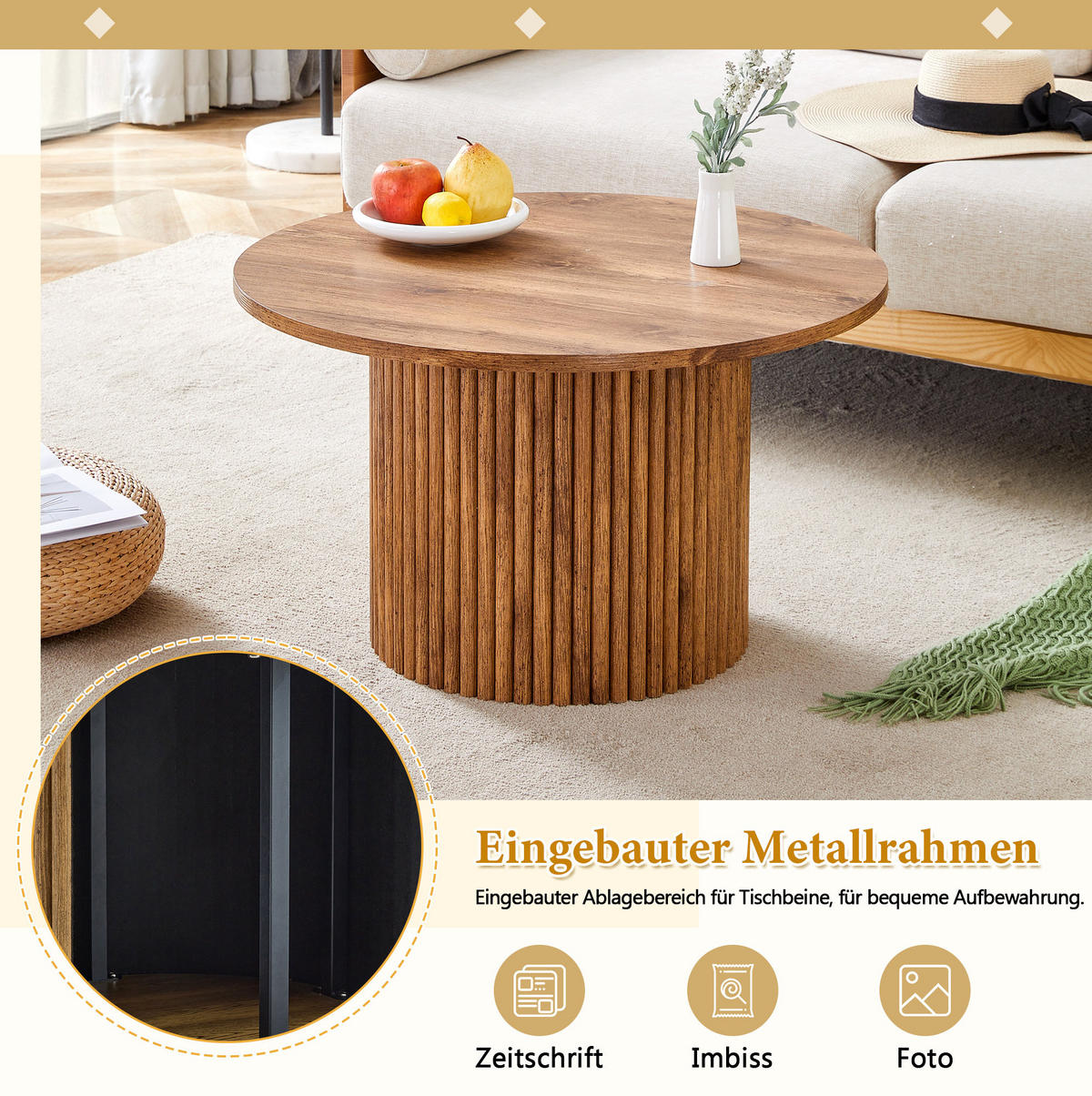 COUCHTISCH 70 cm in Holzoptik mit Säulensockel und Metallrahmen - Kieferfarben, Holzwerkstoff (70/70/42cm) - BEAOK