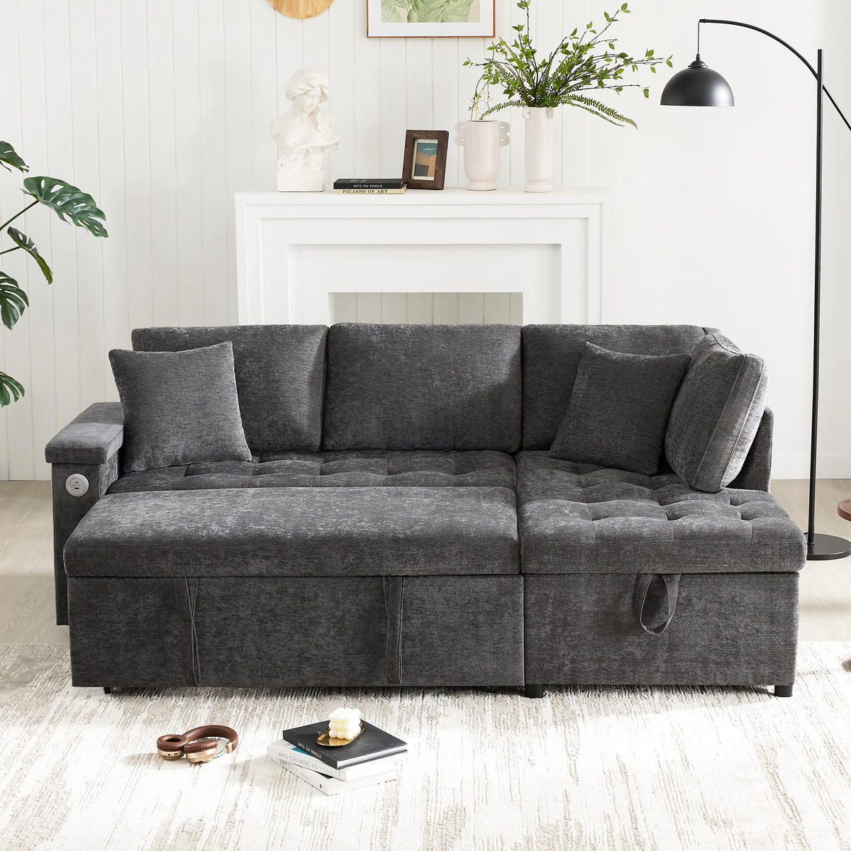 SCHLAFSOFA L-Form mit Stauraum, USB und 2 Kissen, Grau - Dunkelgrau, Textil (209/84/130cm)