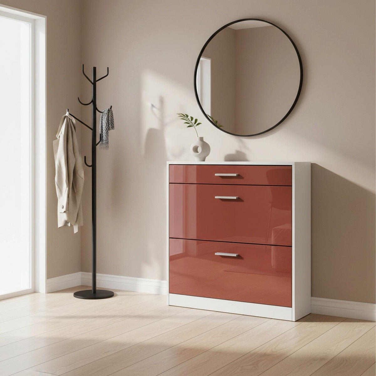 SCHUHSCHRANK Roma Schmal mit 2 Klappen und 1 Schublade, Platzsparender Schuhkipper, Weiß matt/Bordeaux Hochglanz (89 x 95,5 x 23 cm) - Bordeaux, Holzwerkstoff (89/95.5/23cm) - InnoFurn