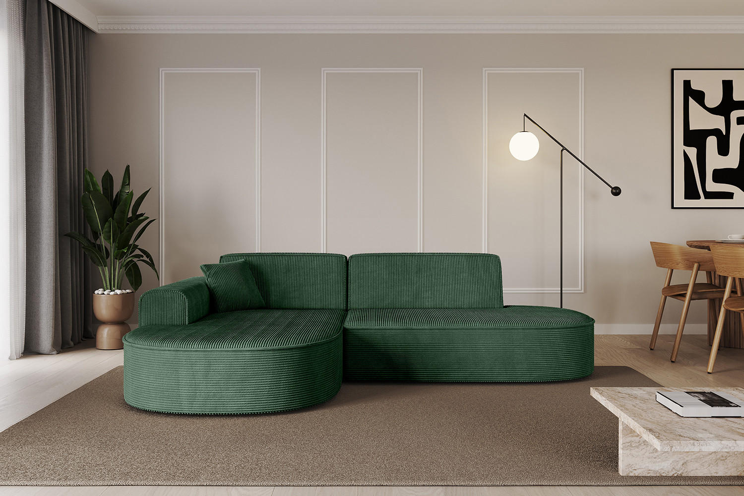 ECKSOFA Ottomane Links MARI-L1 - 232x163x73,5 cm Grün Cord - Schwarz/Grün, Holzwerkstoff/Kunststoff (163/234cm) - ALTDECOR