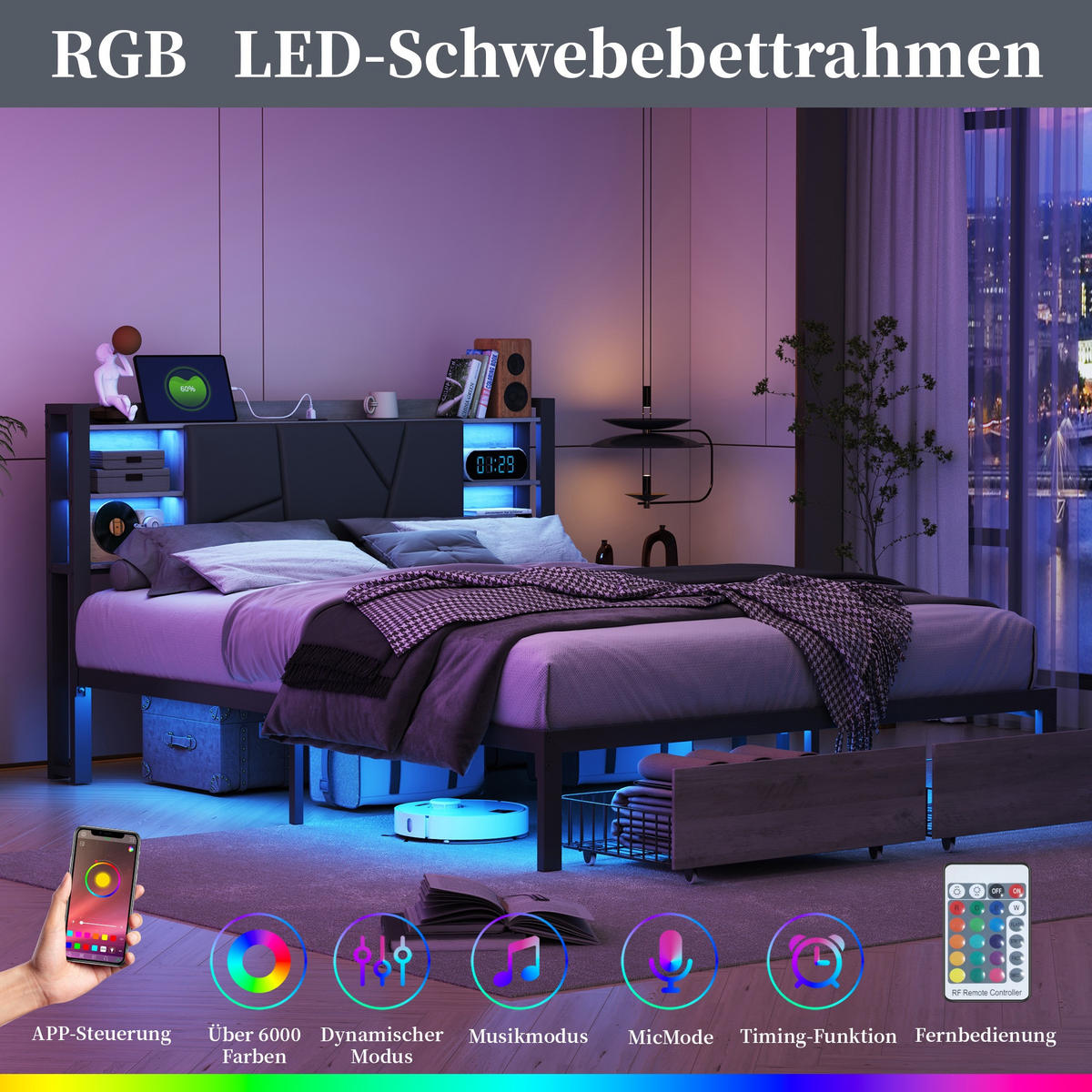 METALL-POLSTERBETT 160x200 cm Industrial Smart Charge mit RGB-LED, Ladestation und 2 Schubladen, Schwarz PU-Leder & Holz-Optik - Schwarz, Metall (160/200cm) - DELFA