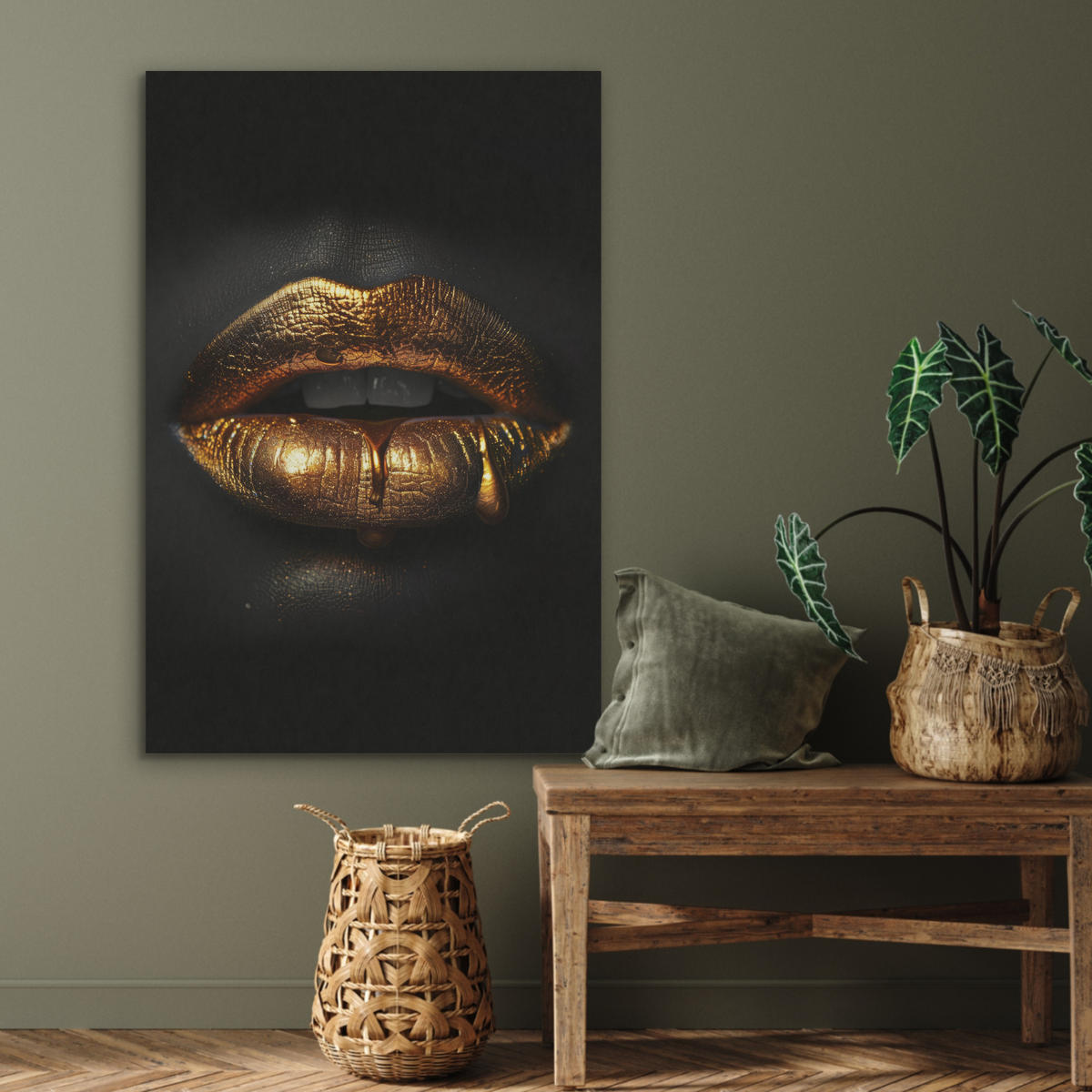 AKUSTIKBILD Frau - Porträt - Lippen - Gold - Schwarz Wanddeko 60x90 cm - Schwarz, Kunststoff (60/90/0.9cm) - MuchoWow