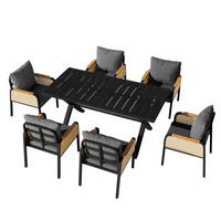 GARTENMÖBELSET 148/80/75 cm mit Tisch und 6 Stühlen, Rattan-Armlehnen und Polstern, Schwarz/Natur - Naturfarben, Metall - Redom