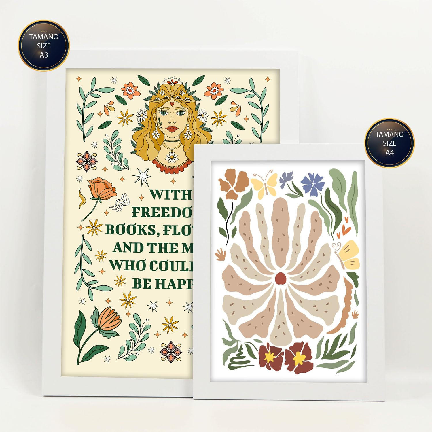 POSTER Set Mit 6 Drucken Mit Freundlichkeit In Der Brillanten Groovy Dekorative Rahmen Für Ihr Wohnzimmer Zuhause Wandkunstdruck A3 & A4 Weißer Rahmen - Weiß, Papier (29/3cm) - Nacnic