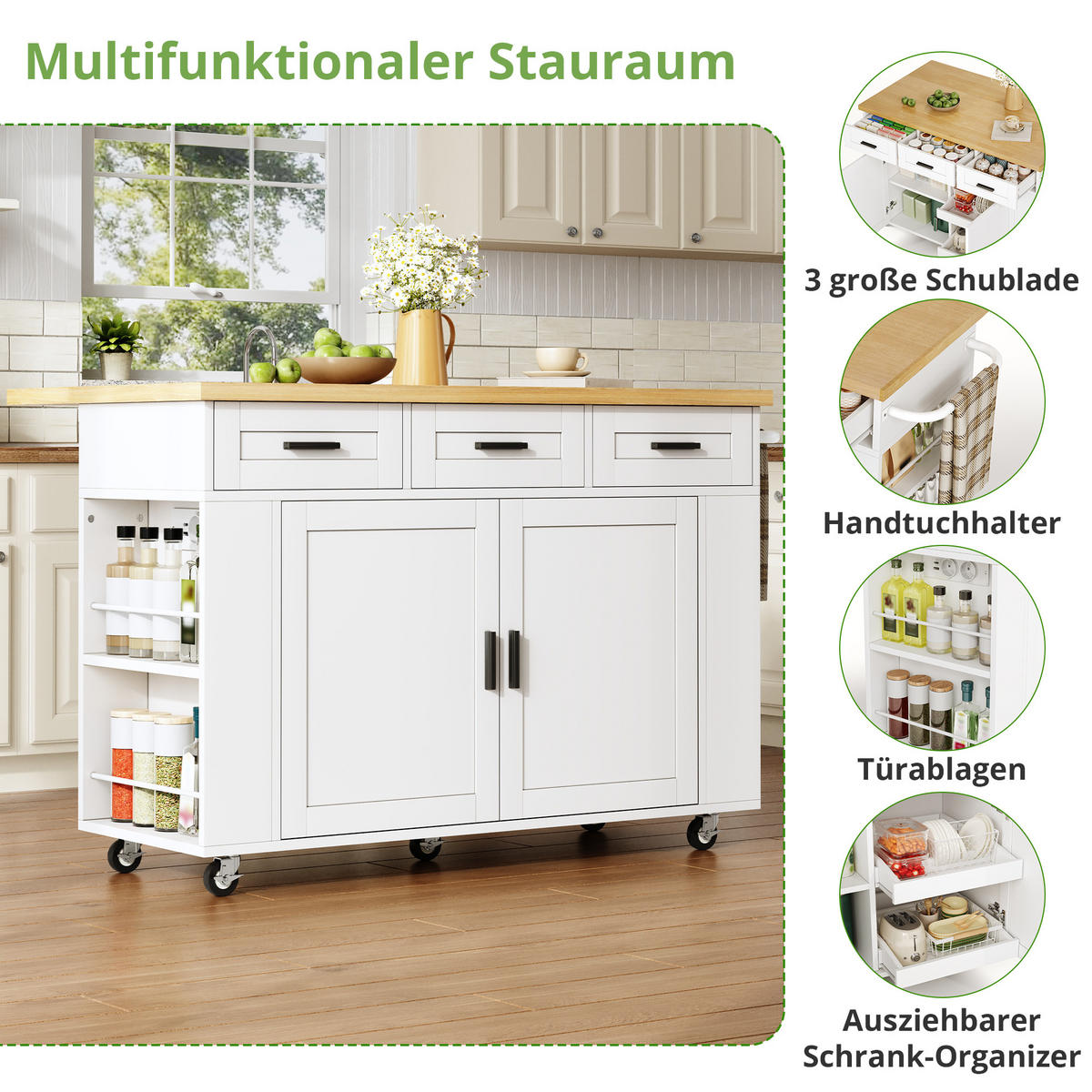 KÜCHENINSEL DE-41394 120/45-70/84 cm, klappbare Arbeitsplatte und Steckdosen Weiß - Weiß, Holzwerkstoff (120/84/70cm) - ComfortXL