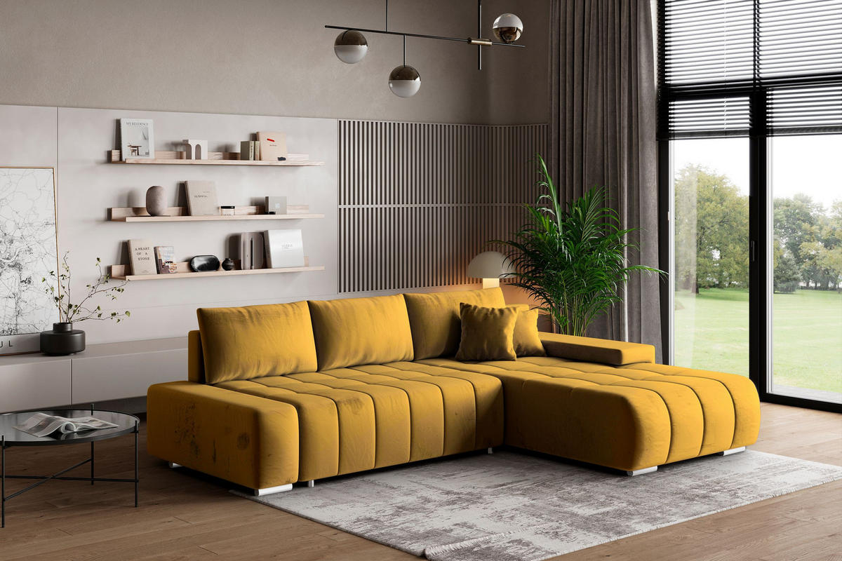 ECKSOFA ALESE R-S Gelb Velours-Stoff mit Schlaffunktion - Gelb, Holz (265/185cm) - MASSENO