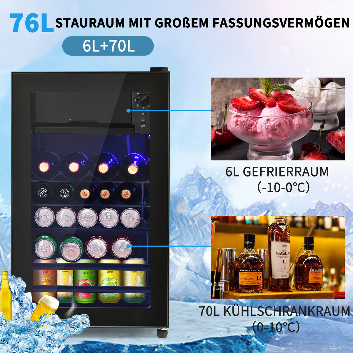 MINIKUHLSCHRANK 43.5/40/71.6 cm Schwarz 76L mit LED-Licht - Schwarz, Metall (40/71.6/43.5cm) - Oxeza