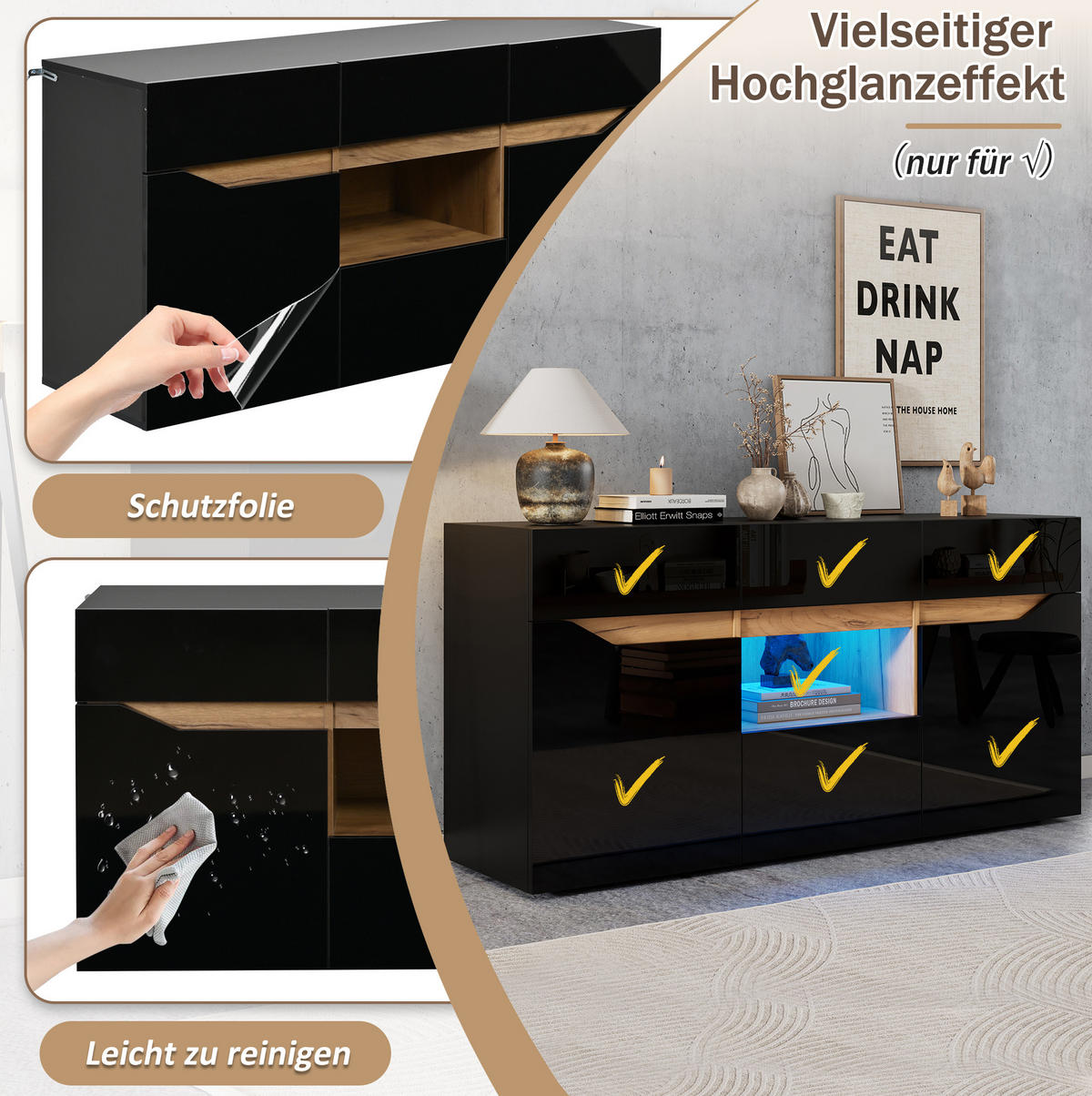 SIDEBOARD aus Spanplatte 140x40x70 cm Schwarz/Naturholz mit LED-Beleuchtung, 4 Schubladen, 2 Schränken und Hochglanz-Front - Schwarz, Holzwerkstoff (140/70/40cm) - Modfu