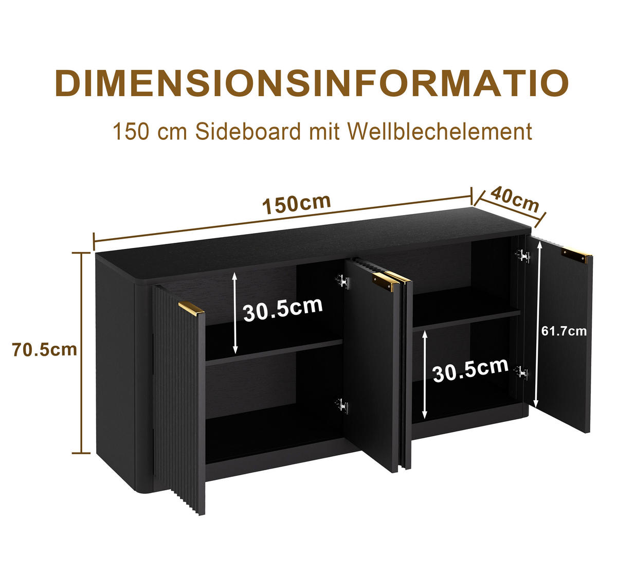 KOMODA černá a vzhled dřeva 150 cm s vlnitým designem a 4 dvířky - černá, kompozitní dřevo (150/70.5/40cm) - Urban Meuble