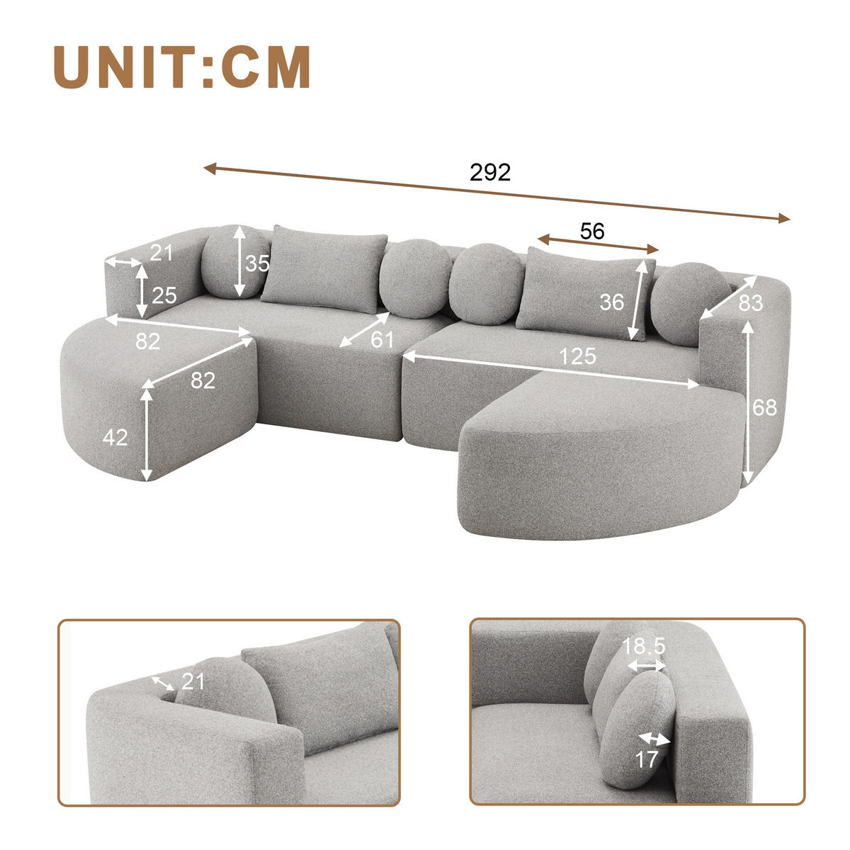 SCHLAFSOFA Grau Cloud Chenille modular Schlaffunktion 292cm - Grau, Textil (165/68/292cm) - FLIEKS