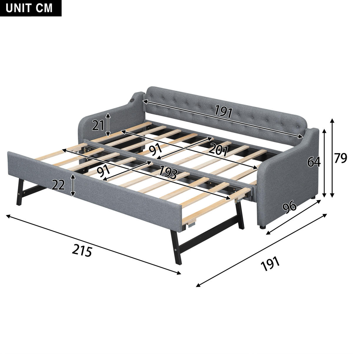 ČALOUNĚNÁ postel 90/200 cm šedá, s výsuvným lůžkem a USB portem, lněný potah - šedá, textil (90/200cm) - BEAOK