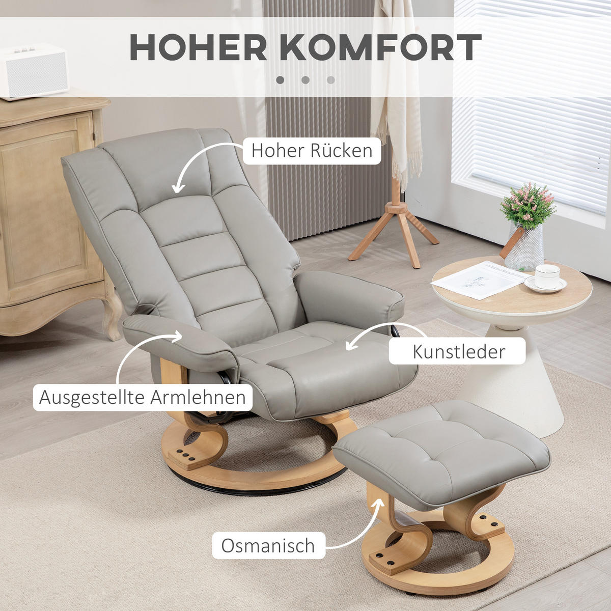 RELAXSESSEL mit Hocker, Drehbar Fernsehsessel mit Liegefunktion Kunstleder, Grau - Grau, Leder (85/104/76cm) - HOMCOM
