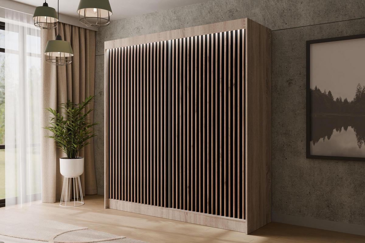 KLEIDERSCHRANK mit LED, Lamel-Schiebetüren VILANv2 - 200 cm Sonoma Eiche + Lamelle Eiche Wotan - Eiche Wotan/Sonoma Eiche, Holzwerkstoff (200/215/61cm) - ALTDECOR