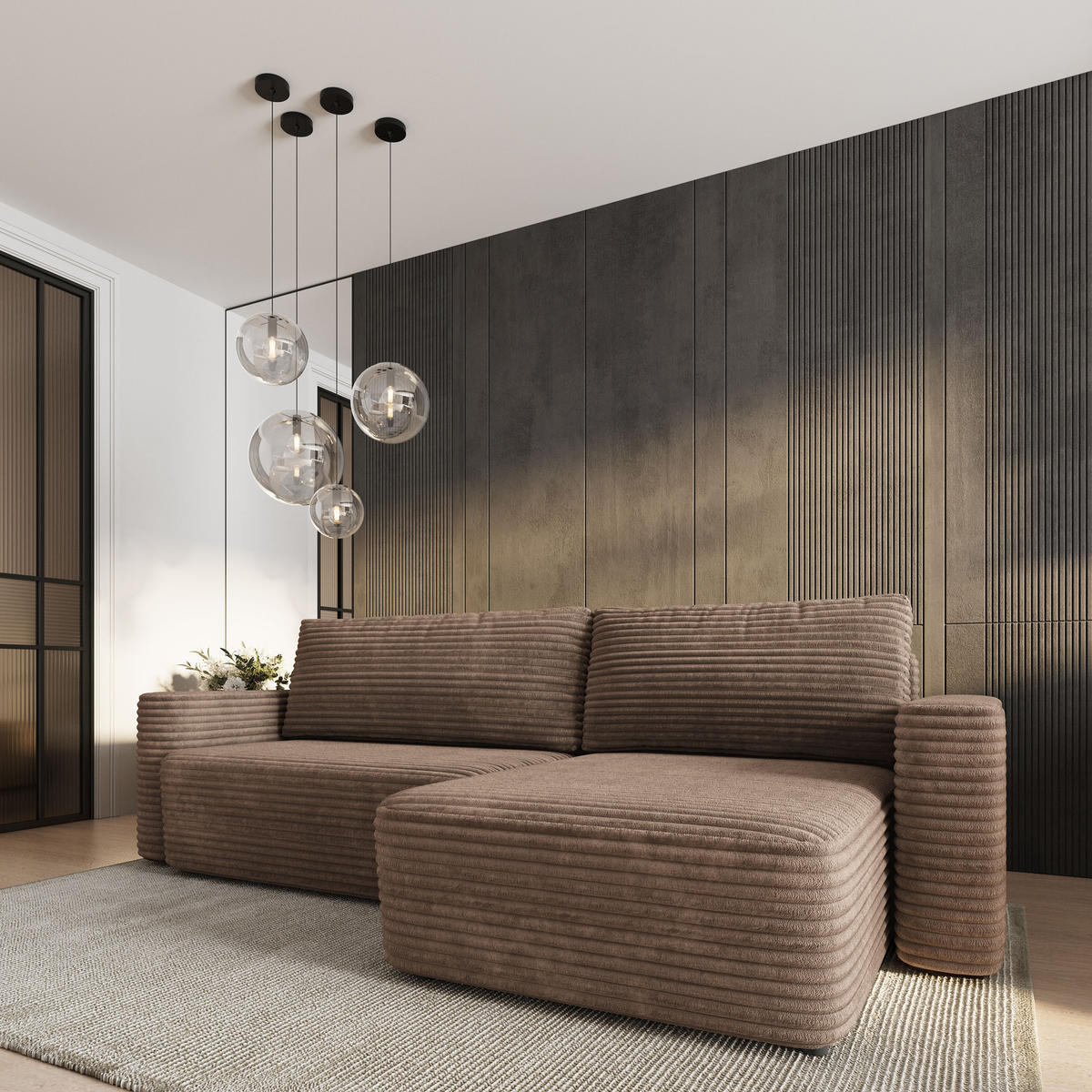 ECKSOFA TELIN Beige Kordstoff mit Schlaffunktion - Beige, Holz (280/162cm) - MASSENO