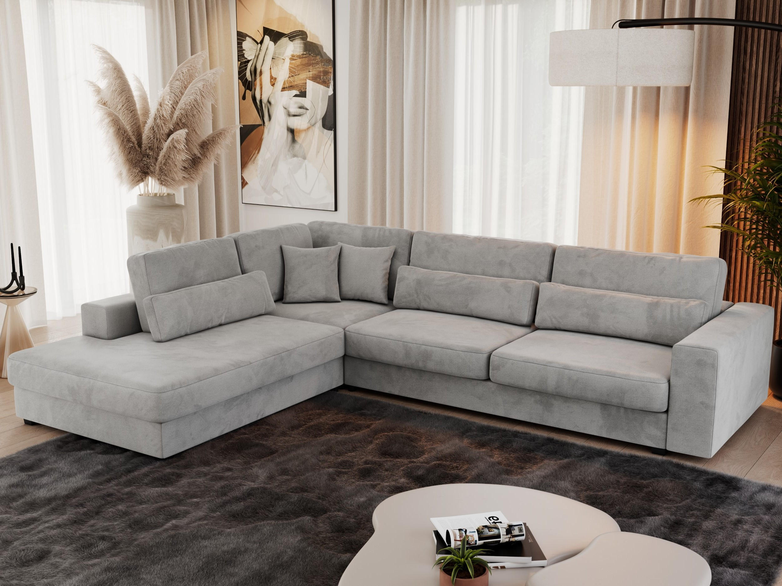 ECKSOFA Savona Hellgrau Velvet - links - Hellgrau/Schwarz, Kunststoff/Textil (316/249cm) - MKS