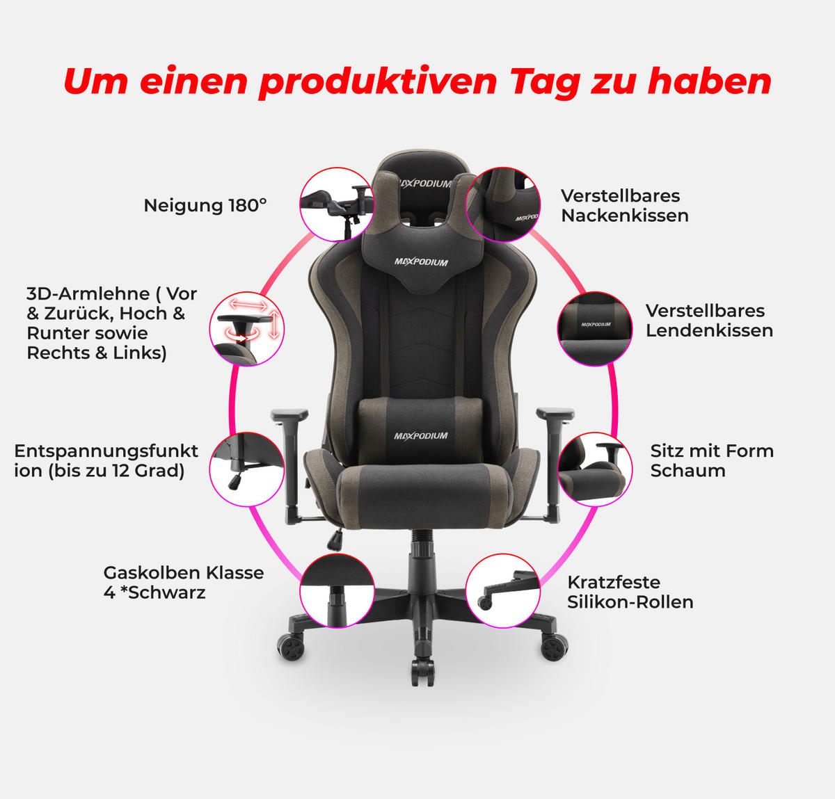 GAMING-STUHL Tactical Grau - Dunkelgrau/Grau, Textil/Metall (55/137/50cm) - MaxPodium