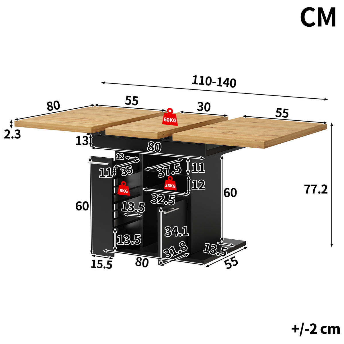 ESSTISCH Ausziehbar Stauraum LED Glasablagen Modern 4 6 Personen - Schwarz, Holzwerkstoff (80/140/77.2cm) - FLIEKS