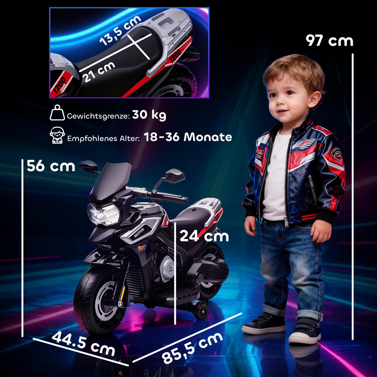 ELEKTRO-MOTORRAD Kinder 6V mit 2 Hilfsrädern, Schwarz - Schwarz, Kunststoff (85.5/44.5/56cm) - AIYAPLAY