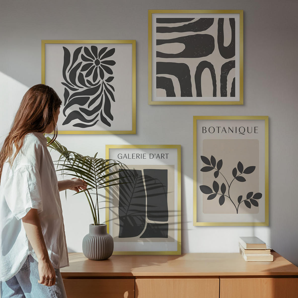 BILDER SET 4er Set - 50x50 cm & 40x60 cm Goldrahmen - Abstrakte Pflanzenmuster - Goldfarben, Kunststoff (50/50cm) - TULUP