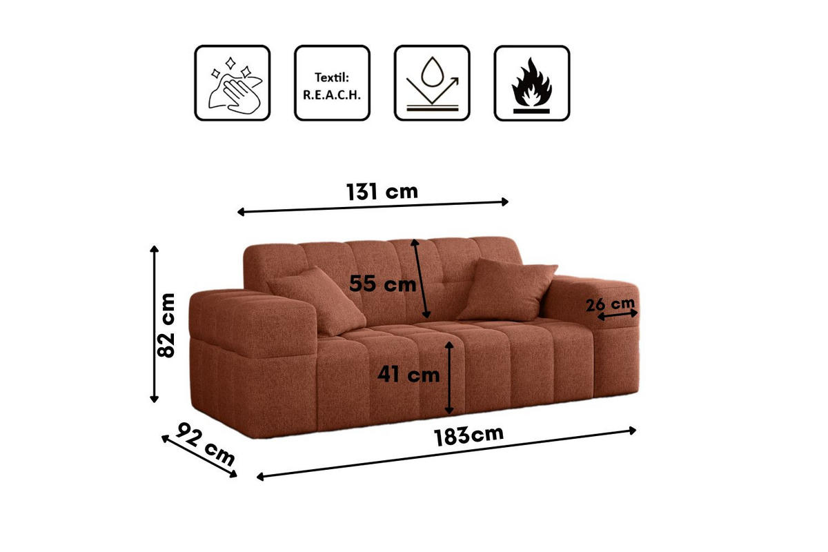 SOFA 2-sitzer Couch serie NIMES Stoff Verita Kupfer - Kupferfarben, Holz (183/82/92cm) - Kaiser Möbel