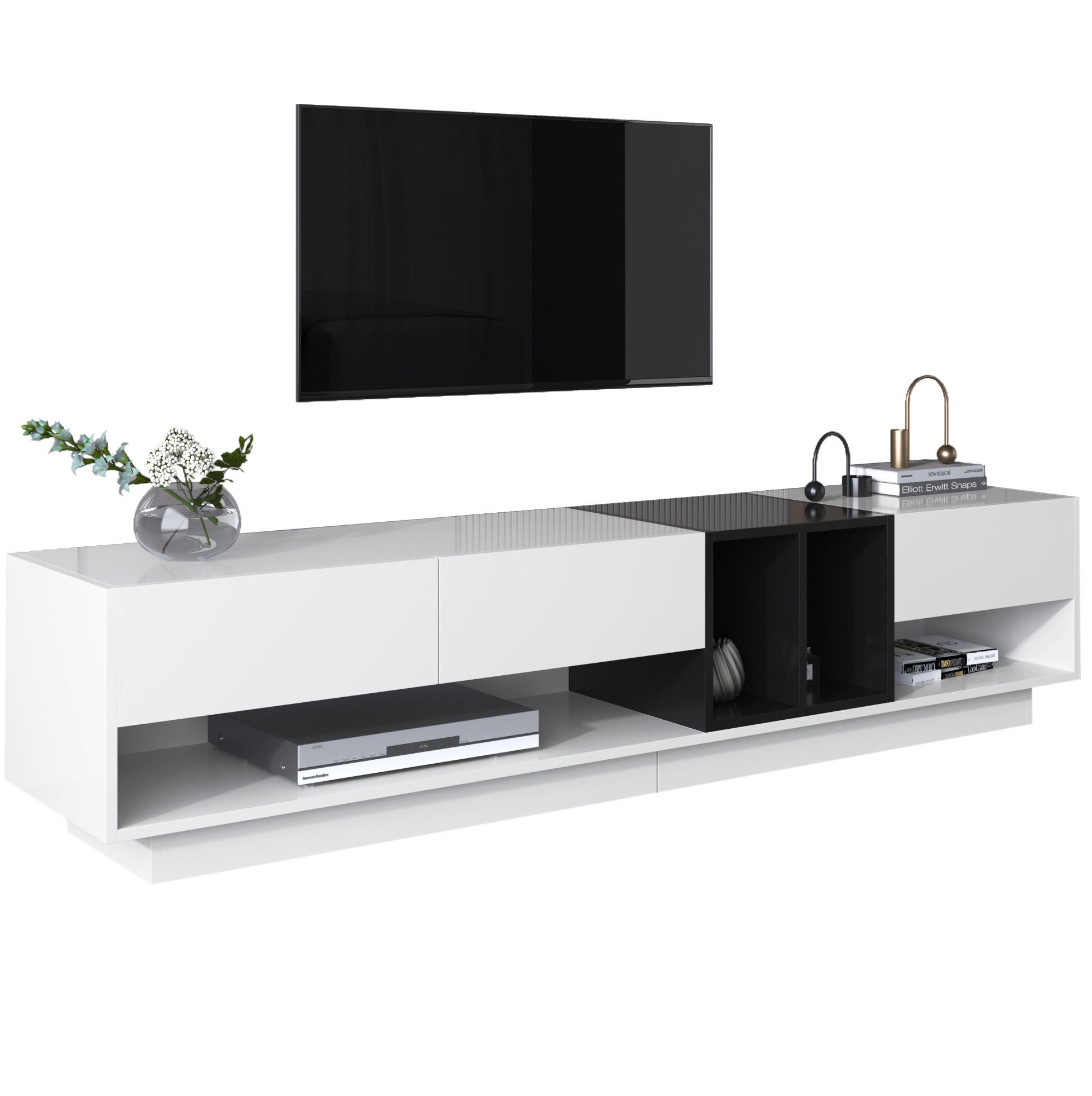 Redom TV stolek 190/40/42 cm s vysokým leskem, třemi zásuvkami a dvěma otevřenými přihrádkami, Bílá