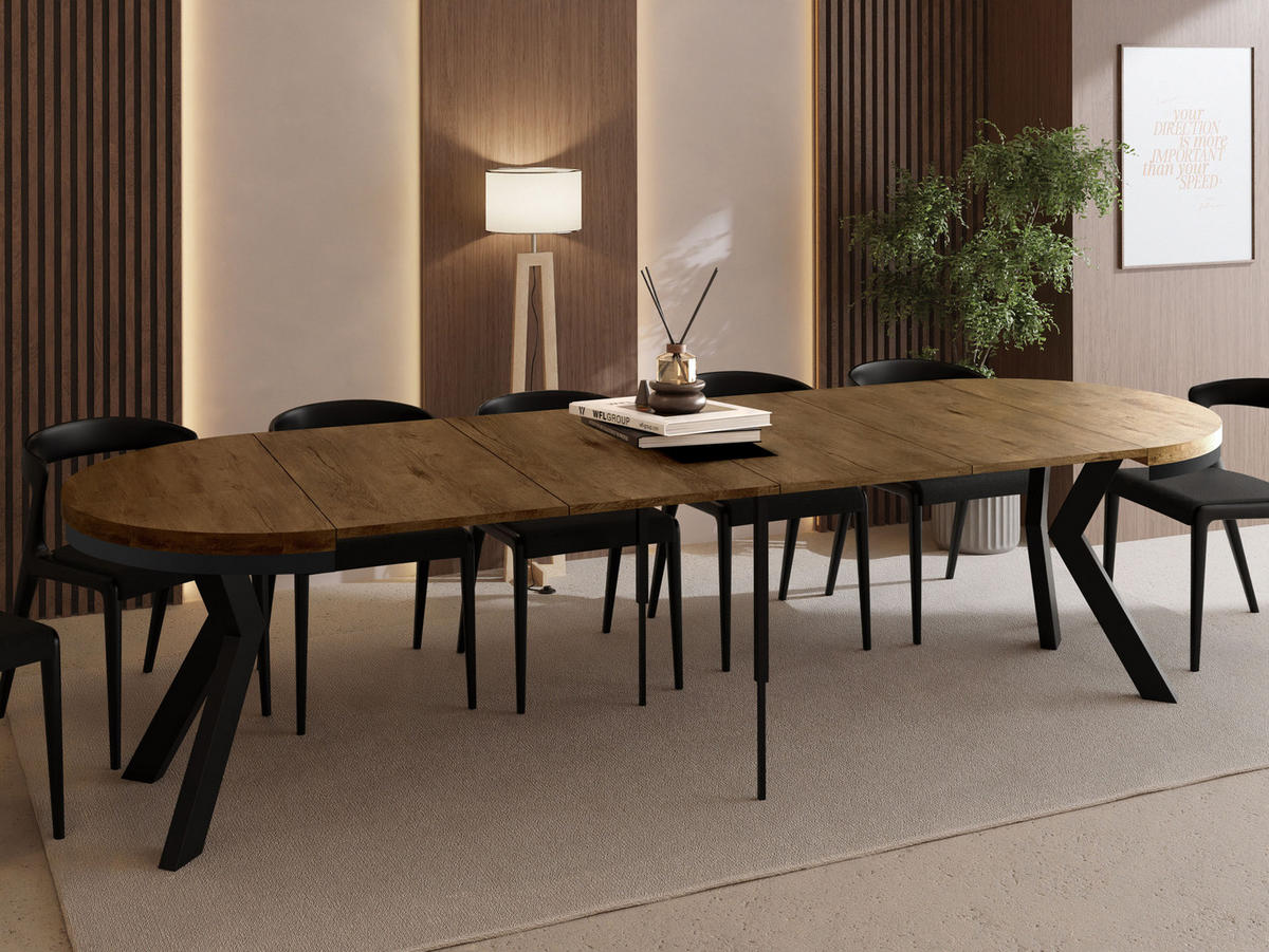 ESSTISCH Savio Neo rund ausziehbar verlängerbar XXL, Eiche Braun Rustikal 100-300/100/77 cm - Alteiche/Schwarz, Holz/Holzwerkstoff (100/100/77cm) - WFL GROUP