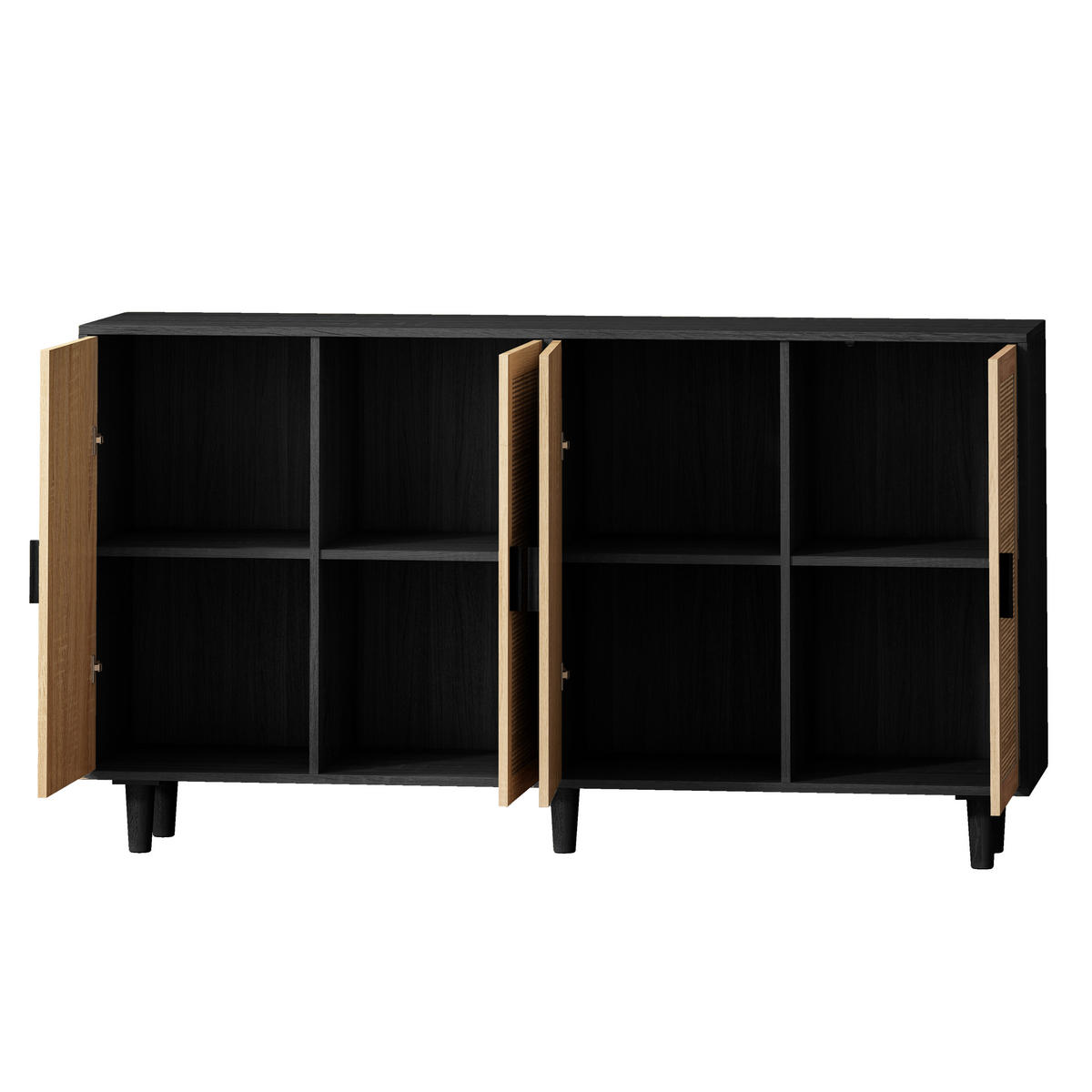 KOMODA dřevěný materiál v černé barvě s ratanovými čely, 4 dvířka - černá, kompozitní dřevo (158/88/40cm) - Urban Meuble