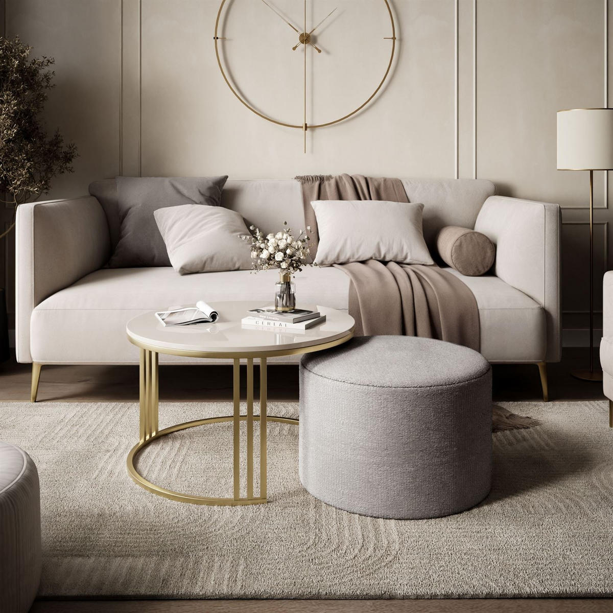 COUCHTISCH mit Hocker LORI Hochglanz gebürstetes Gold/glänzender Kaschmir/Perfect Harmony 82 - Kaschmir, Metall (70/70/49cm) - Lookway