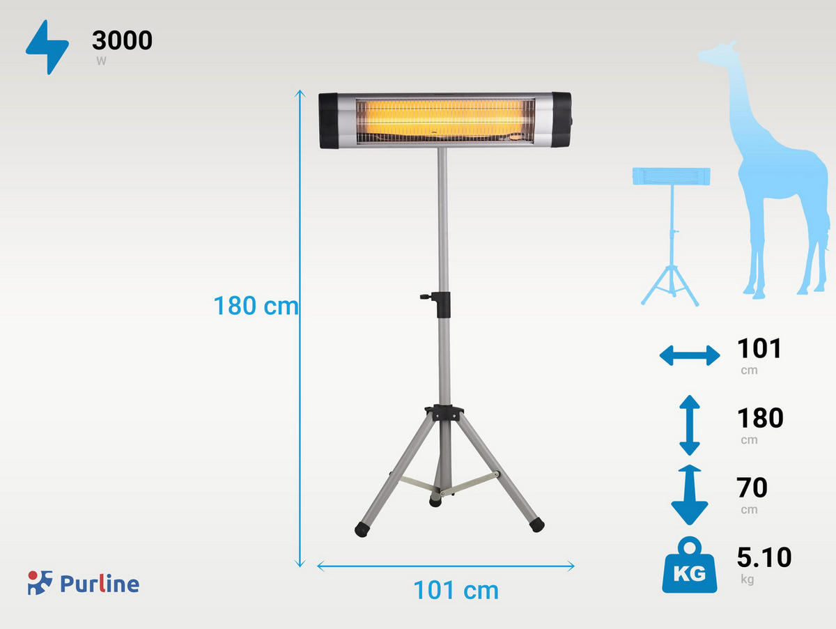 HALOGEN-HEIZUNG auf Standfuß Silber outdoortauglich und höhenverstellbar 3000 W - Silberfarben, Kunststoff/Metall (101/180/70cm) - Purline