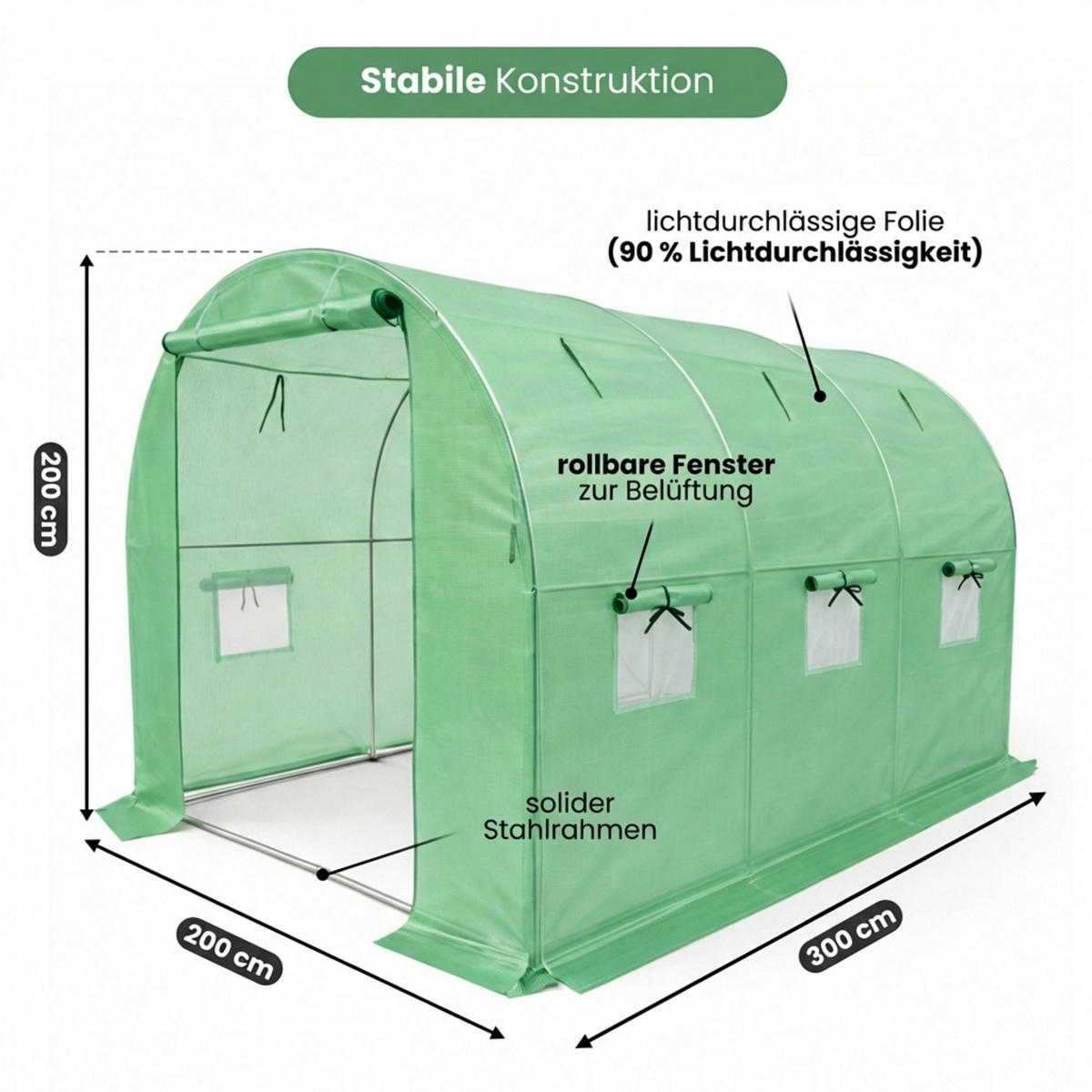 TUNNELGEWÄCHSHAUS mit aufrollbaren Seitenwänden, Grün, 200x300x200 cm - Grün, Metall (200/200/300cm) - Akord